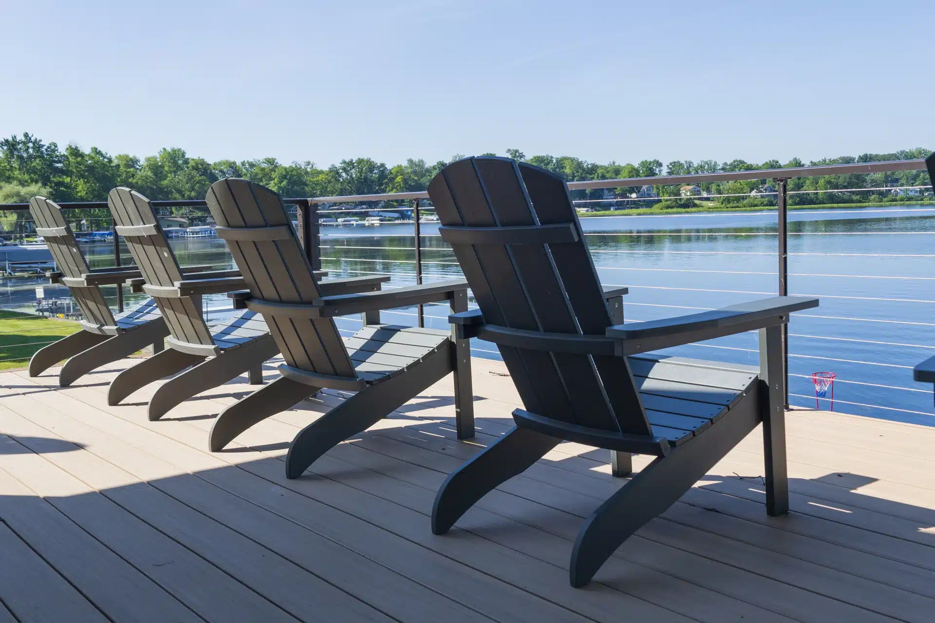 black aluminum railing on lakefront deck