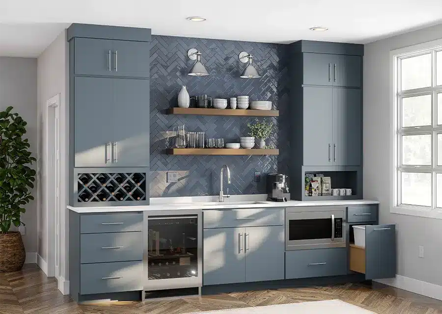 residential wet bar with cabinets painted breeze blue