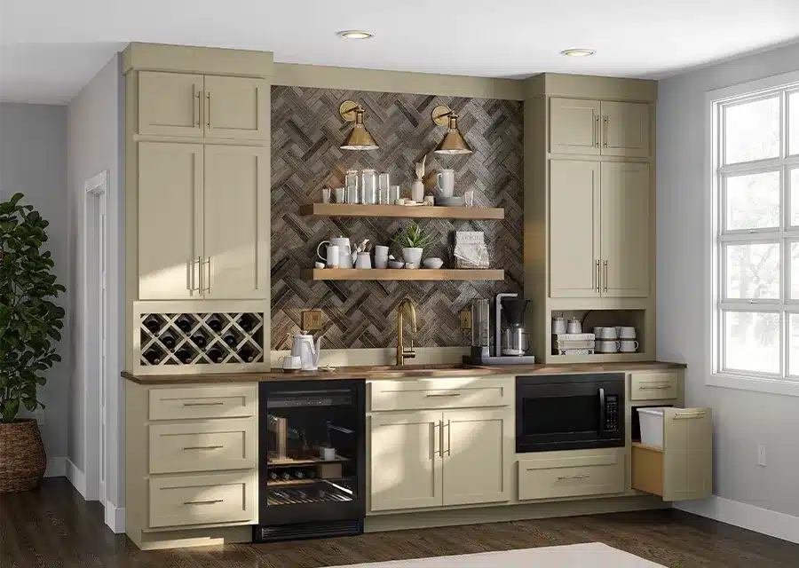 residential wet bar with cabinets painted champagne cream