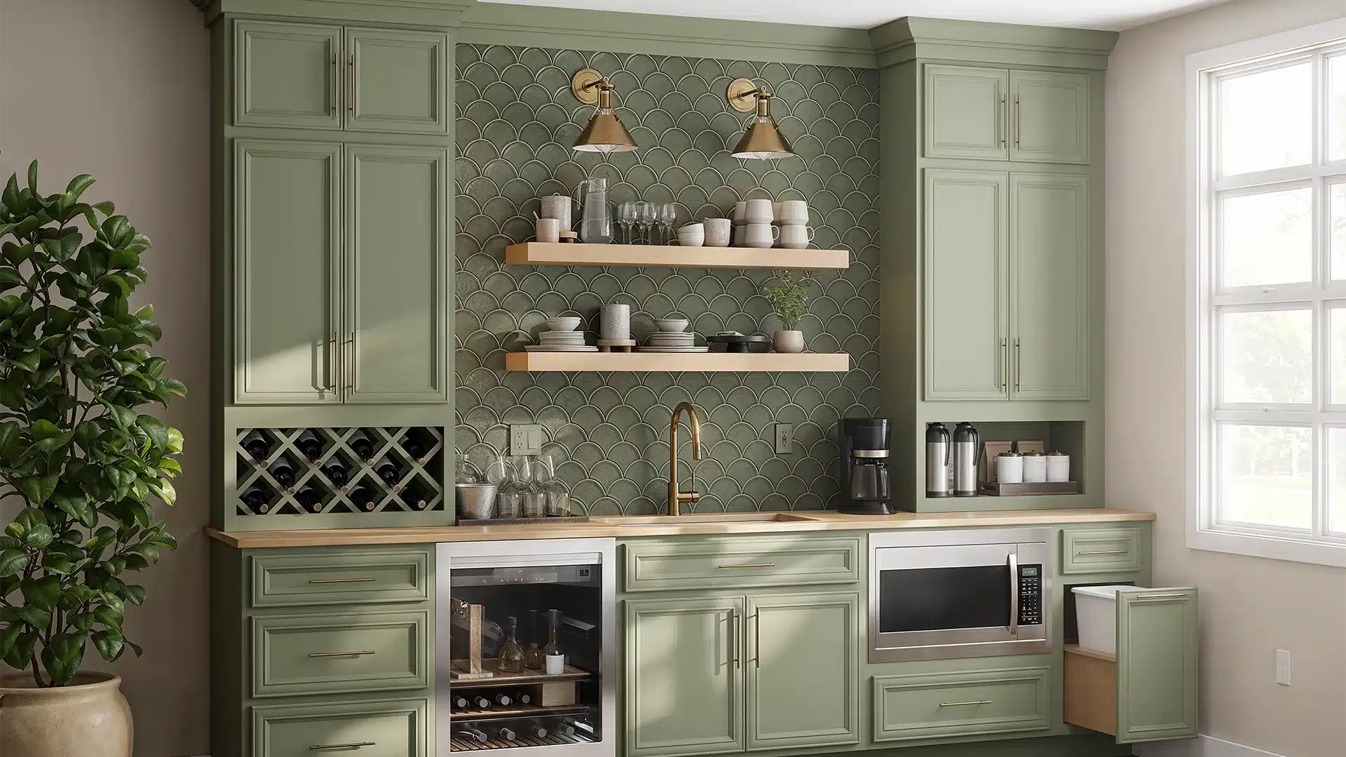 residential wet bar with cabinets painted sage green