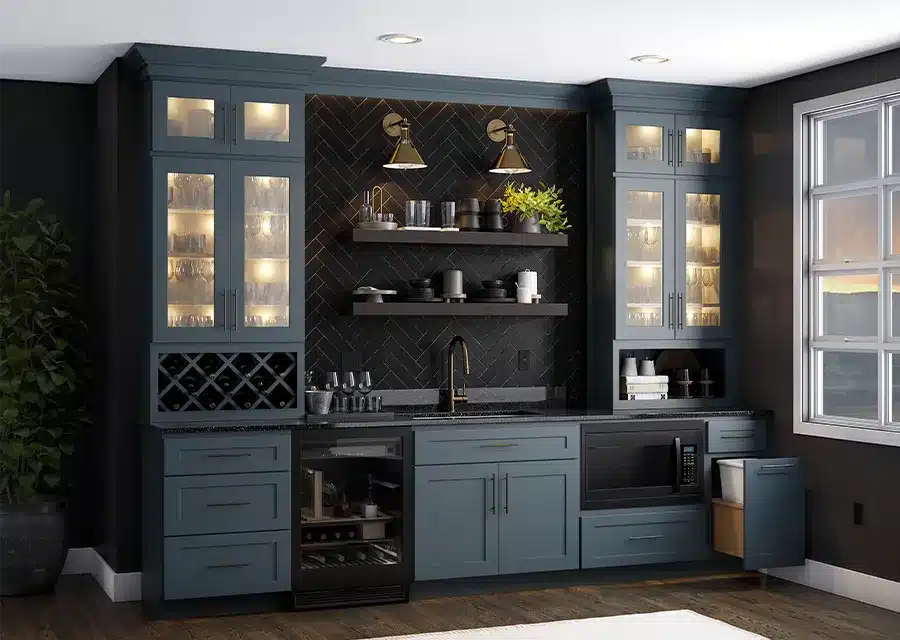residential wet bar with cabinets painted night shade blue