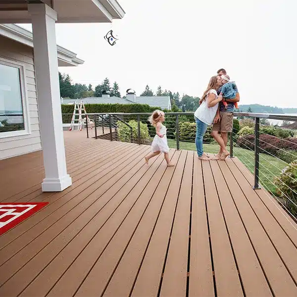 light colored wood decking overlooking grassy backyard