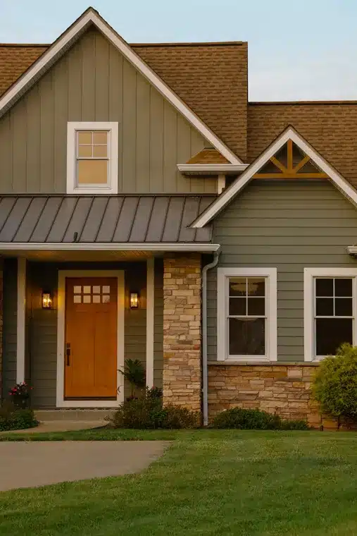 craftsman style home with mossy green composite siding